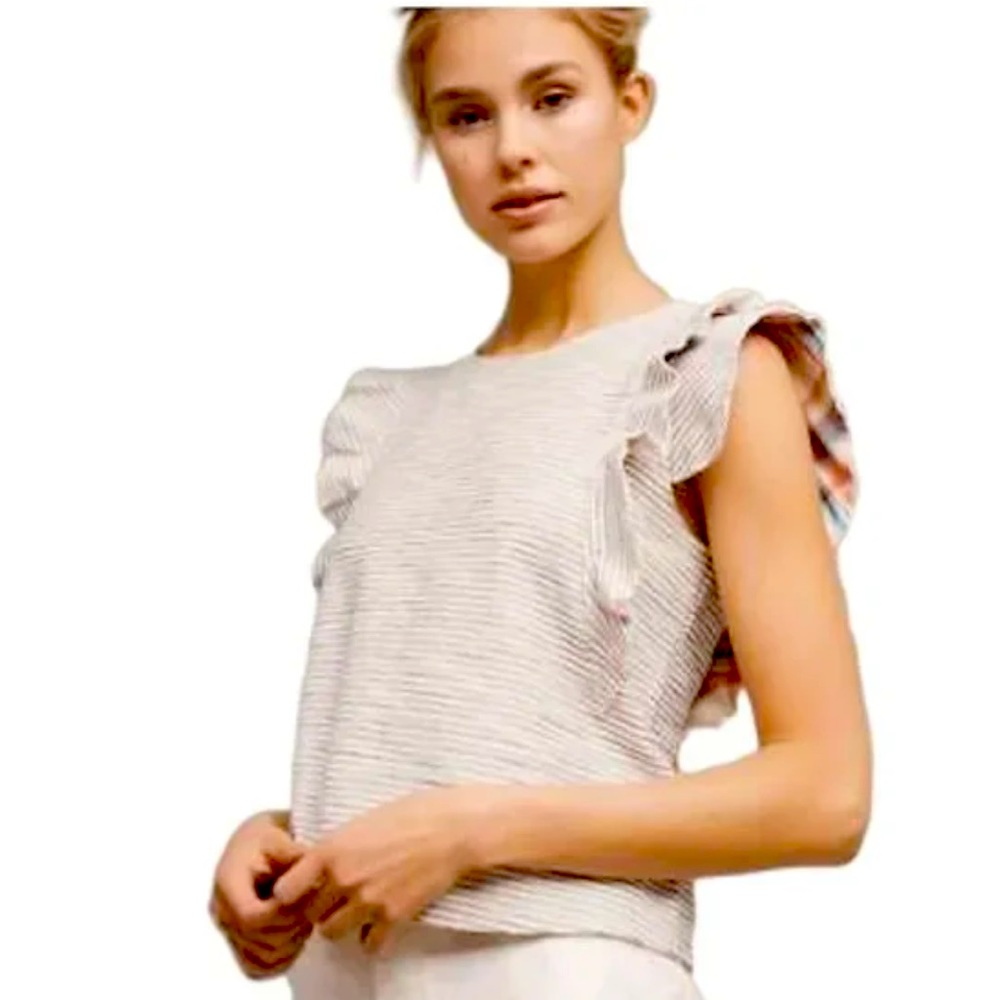 Anthropologie Gray Striped Ruffle Accent Top